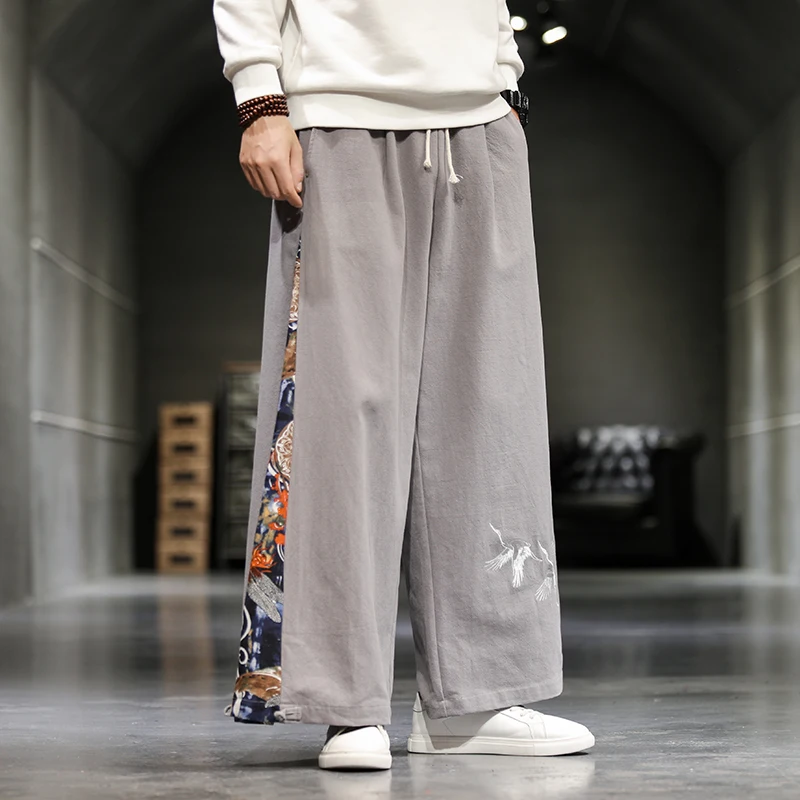 Casual Wide Leg Pants Men China Pants Chinese Traditional Harajuku Kung Fu Tang Suit Tai Chi Uniform Cotton Linen Trousers Men Hanfu Pants