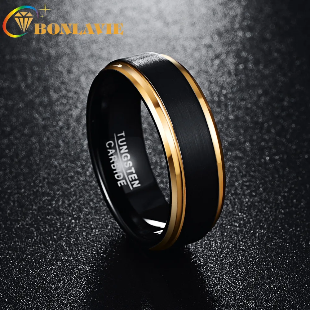BONLAVIE 8mm Tungsten Carbide Ring Classic Black Men Rings Gold-Color Wedding Engagement Ring AAA Quality