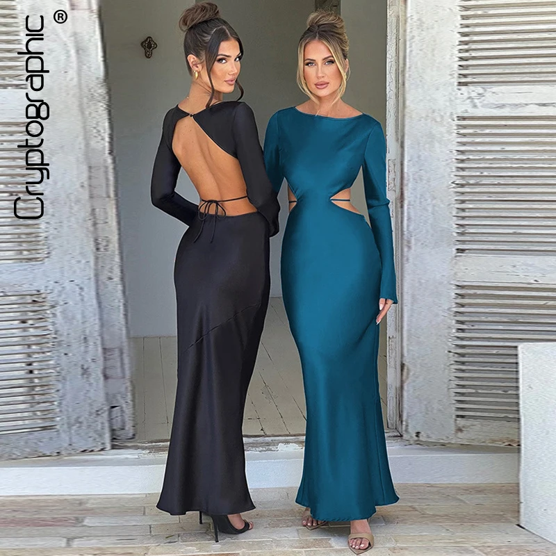 

Cryptographic Fashion Satin Maxi Dress for Women Elegant Outfits Cut Out Long Sleeve Vestido Tie Detail Open Back Dresses Gown
