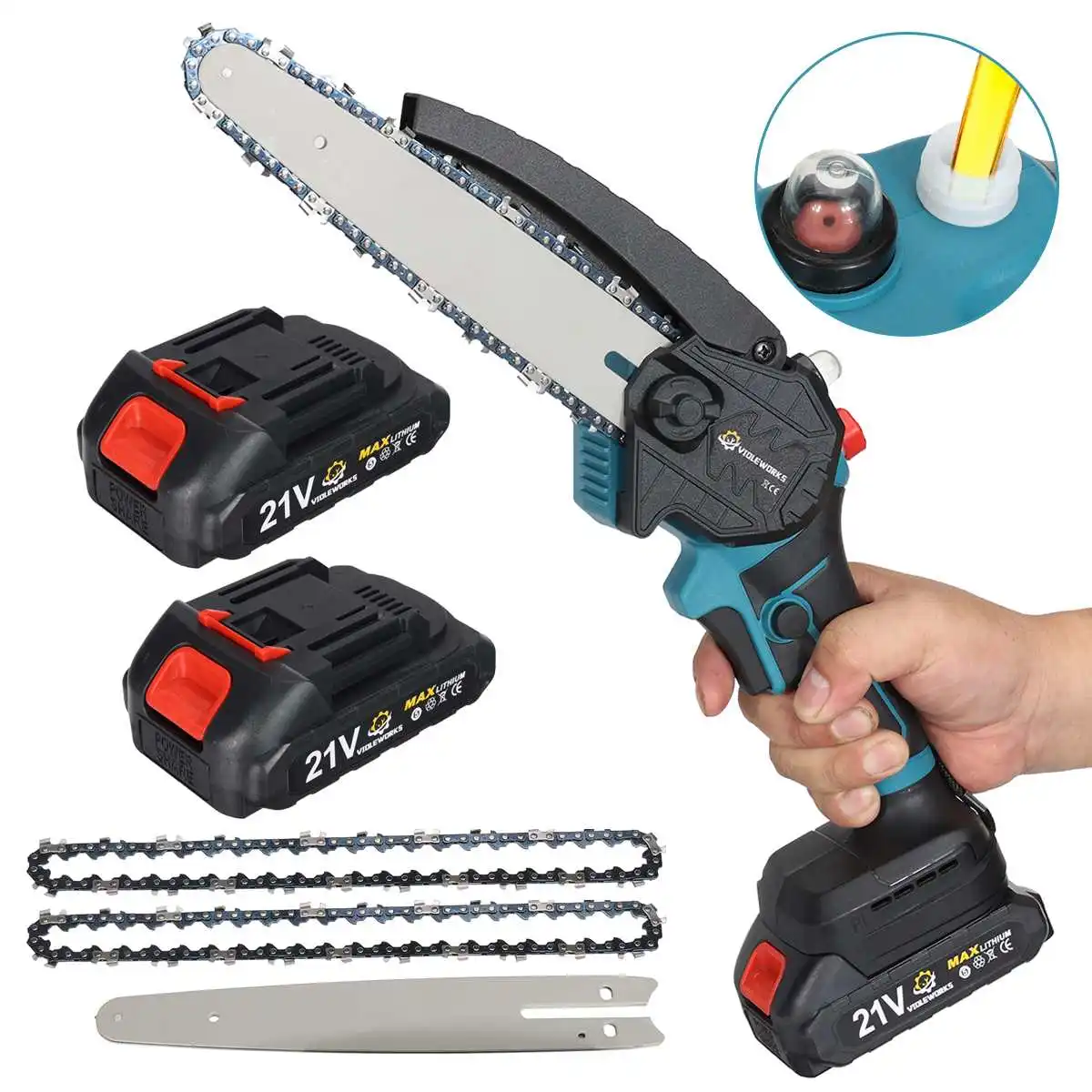 8 Inch Brushless Cordless Electric Chain Saw with Oil Pot Two Chains Handheld Pruning Saw Wood Cutter For Makita 18V Battery