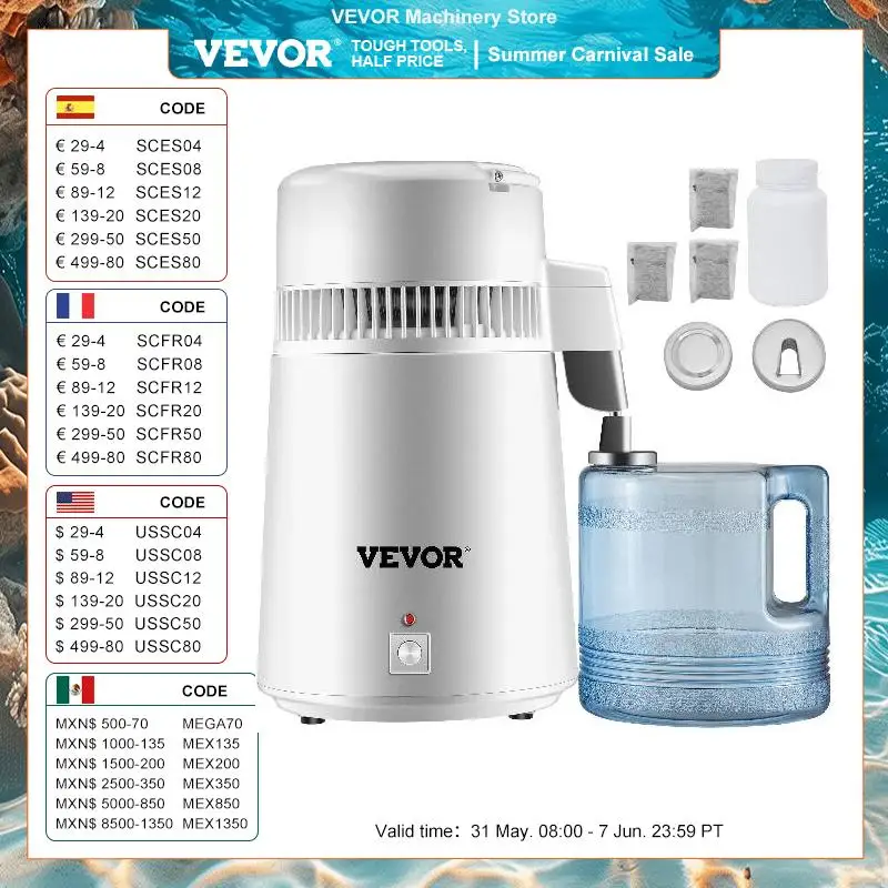 VEVOR 4L Water Distiller Purifier Filter Dispenser Heating Drinking Bottle Softener 304 Stainless Steel Home Appliance for Offic