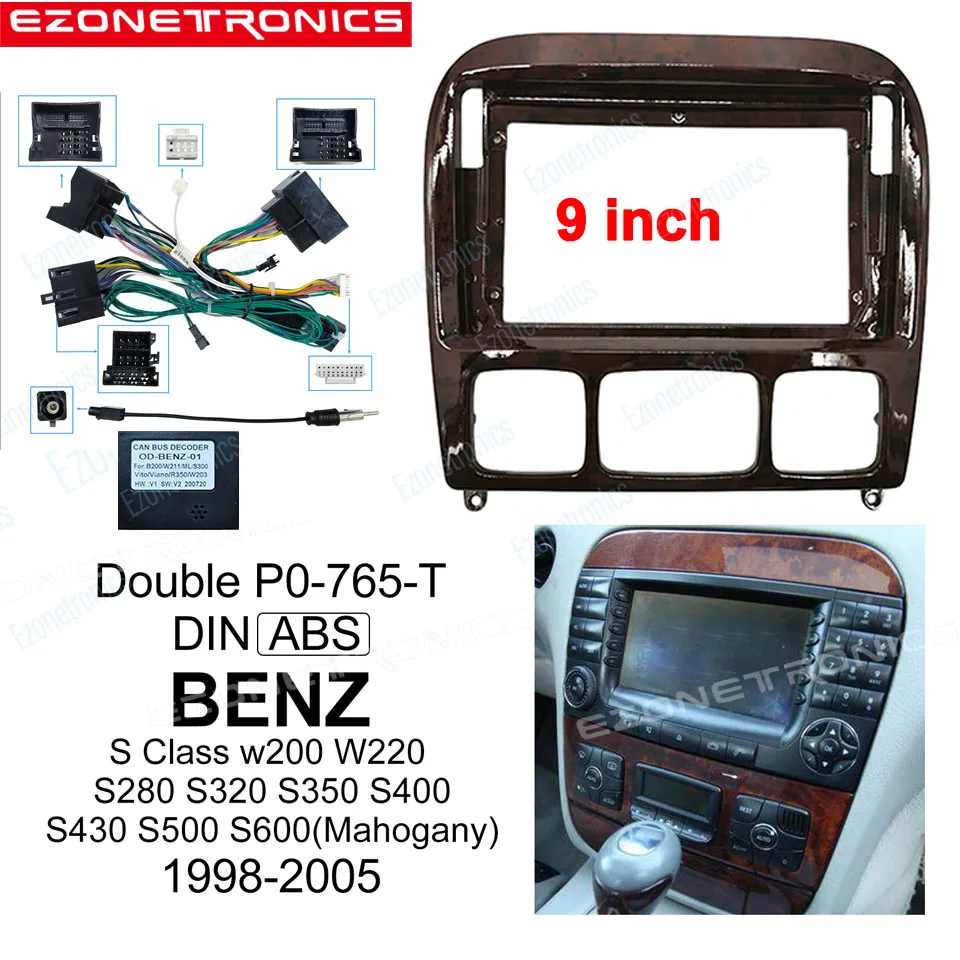 

Комплект отделки 9-дюймовой автомобильной Fascia Для BENZ S Class W200 1998-2005, двойная Din рамка, аудио адаптер, Заводская панель