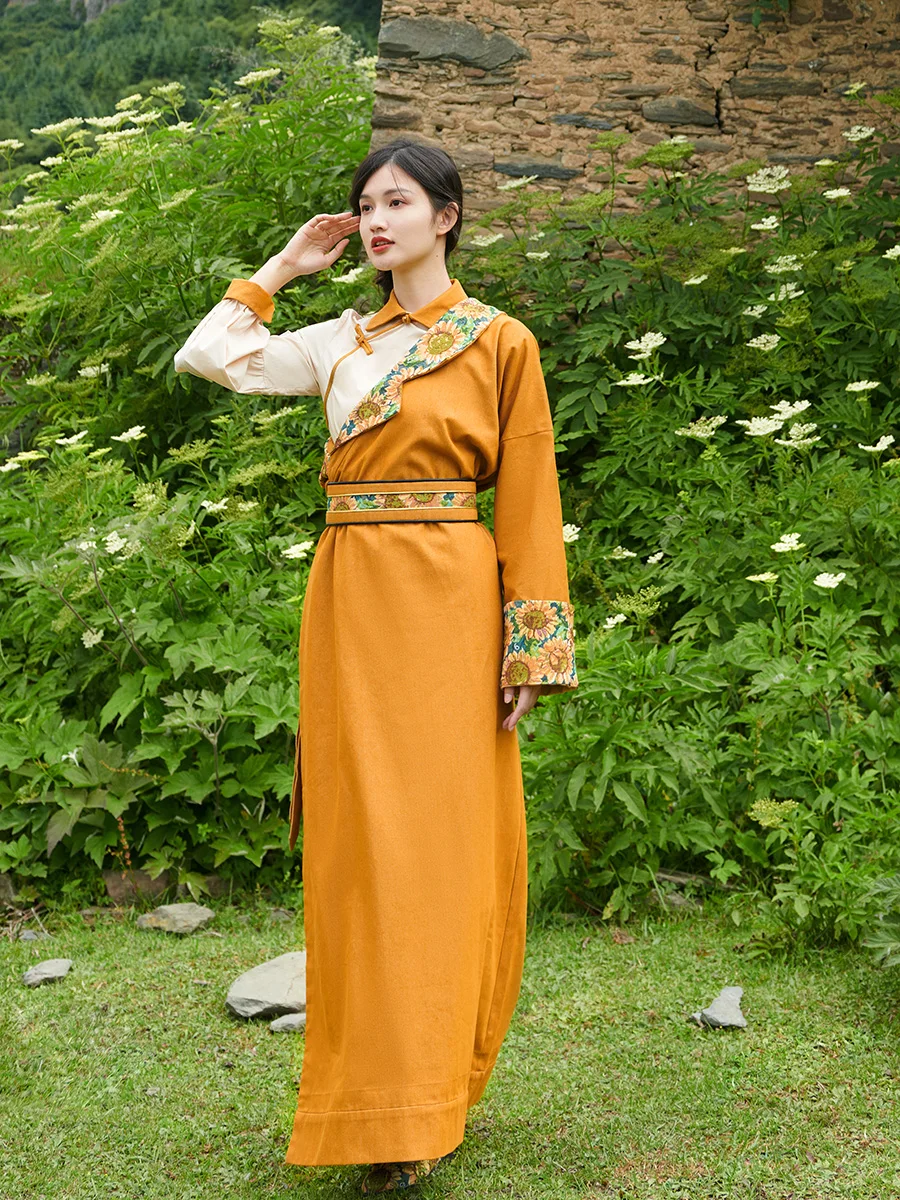 Tibetan Clothing Women's Robe Yellow Improved National Style Top Tibet Travel Photography Thin