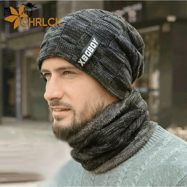 Conjunto de bufanda de boina sombreros para hombres y gorro de Calavera, calentador de cuello con forro polar grueso, gorro de invierno y bufanda, sombrero abrigado tejido _ - AliExpress