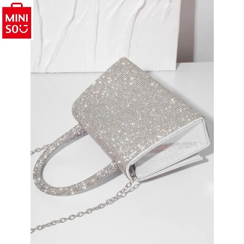 MINISO  Disney Luxury Brand Princess Full Diamond Bow Sweet Chain Handbag Women's Fashion Shining Storage Dinner Bag
