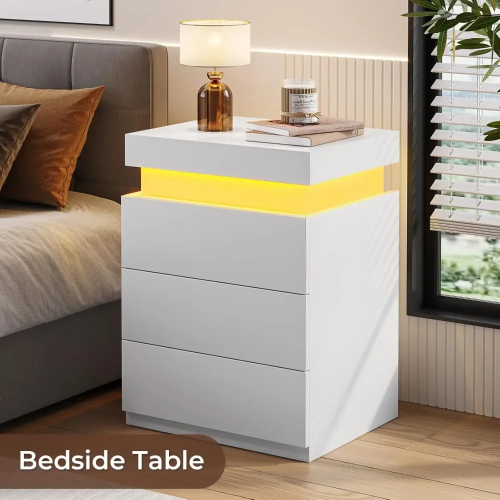 LED Nightstands Set of 2,Night Stands for Bedrooms Set of 2,Nightstand with Charging Station and Sliding Top,Bedside Table with