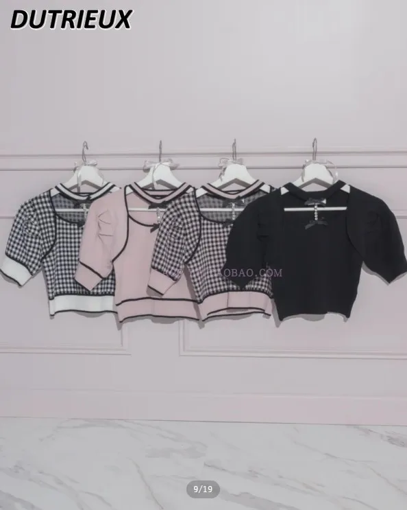 

Japanese Style Original Round Neck Rhinestone Chain Bow Embellished Short Sleeve Top Plaid Sweet Cute Girl Mine Knitted T-shirt