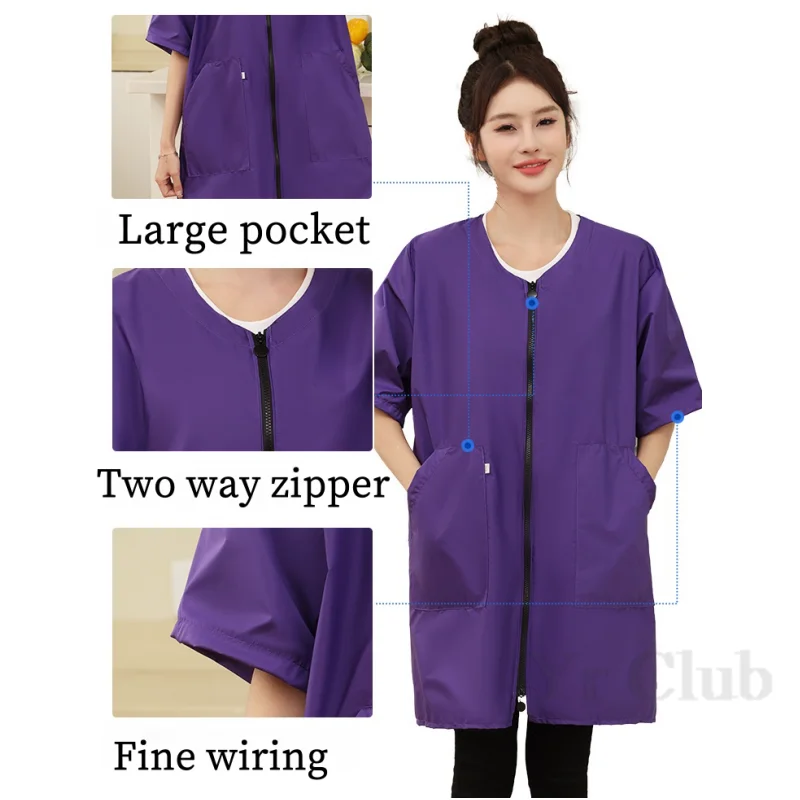Short Sleeved Kitchen Women's Waterproof And Oil Resistant Kitchen And Home Coat Work Clothes  Pet Clothing Two Way Zipper Apron 2