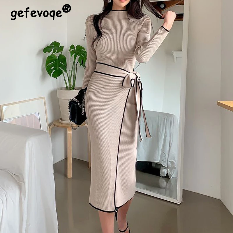 

Women's Korean Fashion Contrast Color Lace Up Elegant Bodycon Party Knitted Dresses Half High Collar Long Sleeve Chic Midi Dress