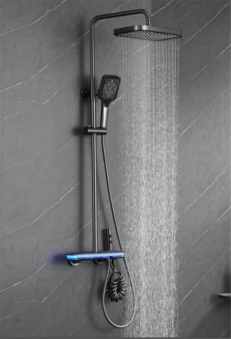 Description Picture 4 of itemBath Shower Faucets Set Brass Mixer Hot & Cold Taps LED Light Wall Mount Temperature Display Number Piano Button Style Gun Grey