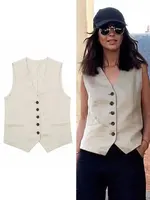 HH Summer Women Elegant Solid Single Breasted V Neck Casual Vest Top Female Fashion Office Lady Chic Outerwear Vest