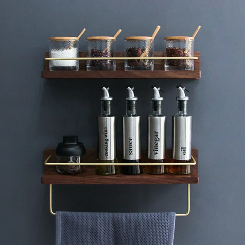 Kitchen Spice Bottle Storage Wooden Rack Multifunctional Wall Hanging Rack Kitchen Solid Brass Hook Bathroom Storage Towel