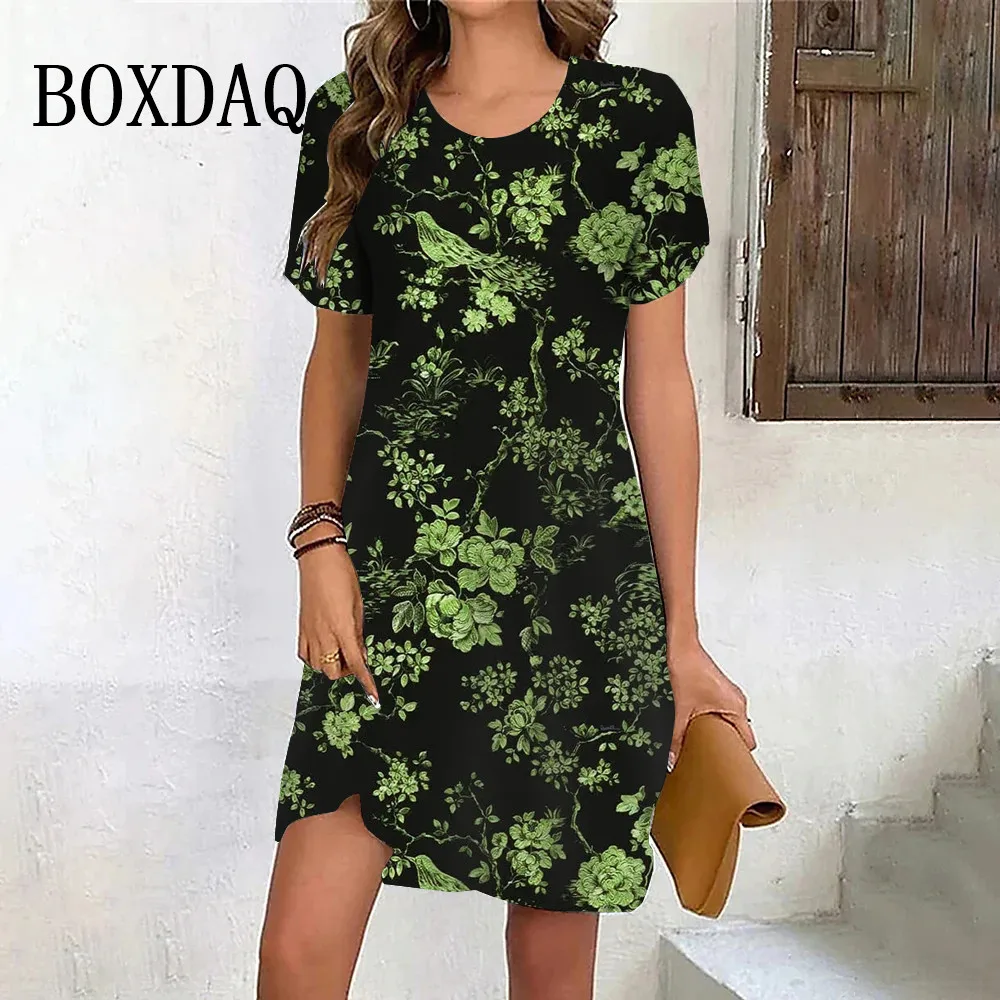 2024 Vintage Painting Bird Dress Women Flower Print Loose Plus