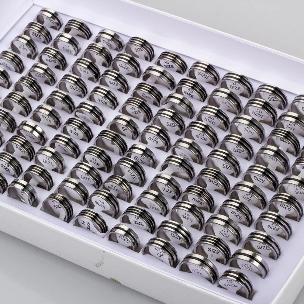 Hot 50/100Pcs Mixed Stainless Steel Black Stripe Rings Wholesale Bulk Men Women Wedding Ring Jewelry Gifts17-21mm Lots 5