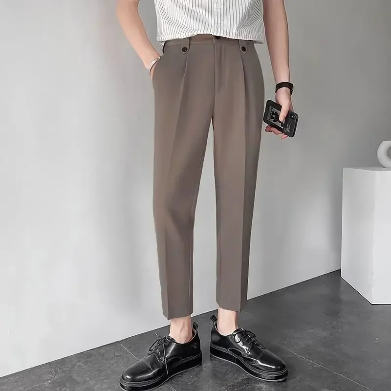 thumbnail image 1 of Pantalones holgados y elásticos para hombre, pantalones de oficina rectos y recortados, ropa de trabajo elástica fluida, vestido de estilo coreano, 1 of 4