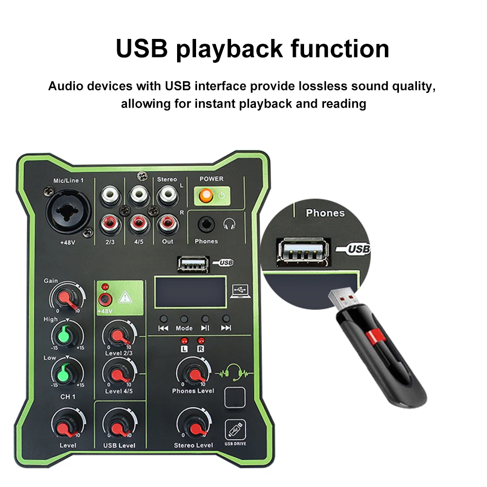 믹싱 DJ 콘솔 다기능 전문 오디오 믹서, 디지털 디스플레이 사운드 보드, USB 컴퓨터 재생 녹음, 5 채널