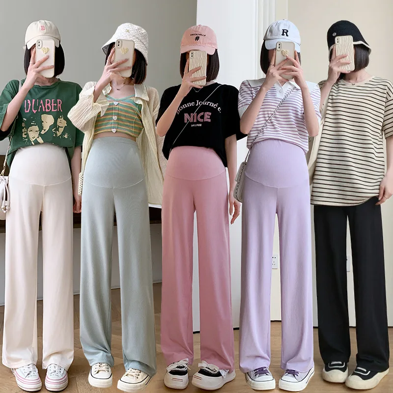 Maternity Clothings Maternity Wide Leg Pregnancy Pants Wear Trousers with Vertical Stripes Clothes for Pregnant Women 2
