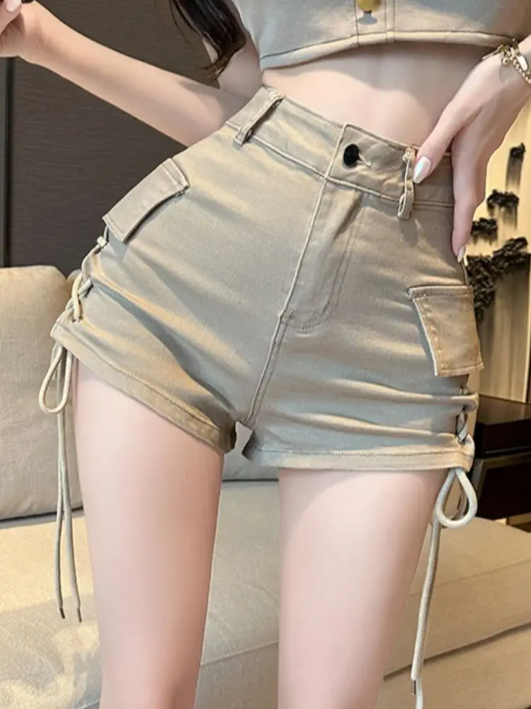 High Waisted Design and Denim Shorts for Women's 2024 New Summer Spicy Girl Oversized Slimming Drawstring Versatile Hot Pants