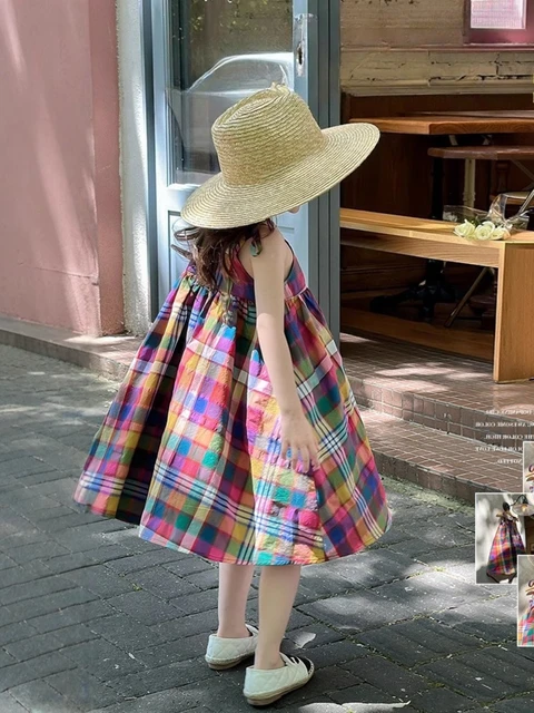Robe d'été à carreaux colorée pour filles – Jupe trapèze sans manches avec bretelles réglables, style coréen, mode enfant pour les âges 3-8 ans 1