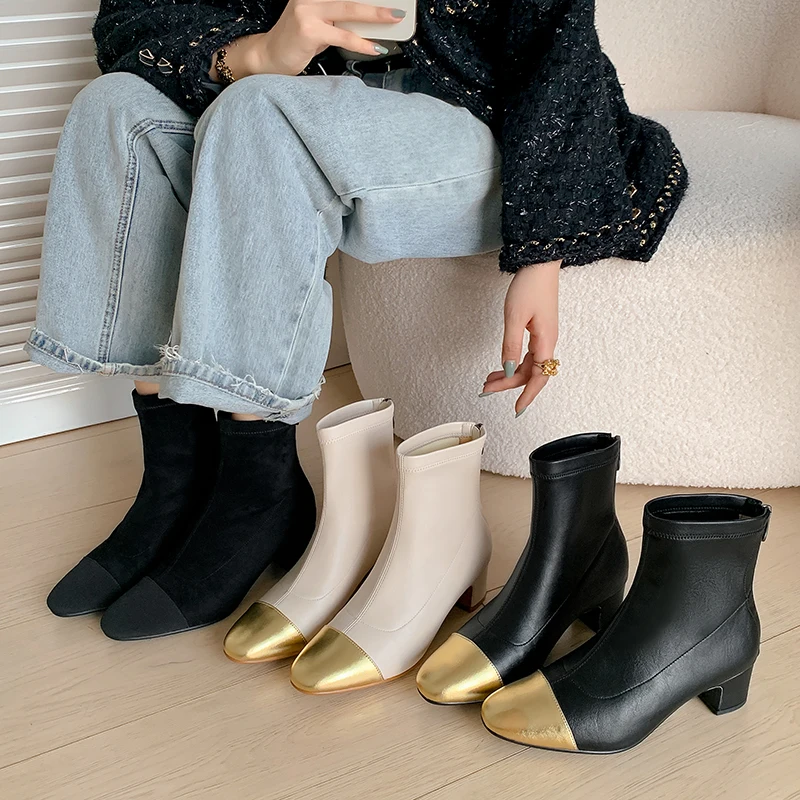 Kcenid High Quality Stretch Slim Ankle Boots Women Gold Round Toe Square Heeled Women's Boots Zipper Ladies Shoes Autumn Winter