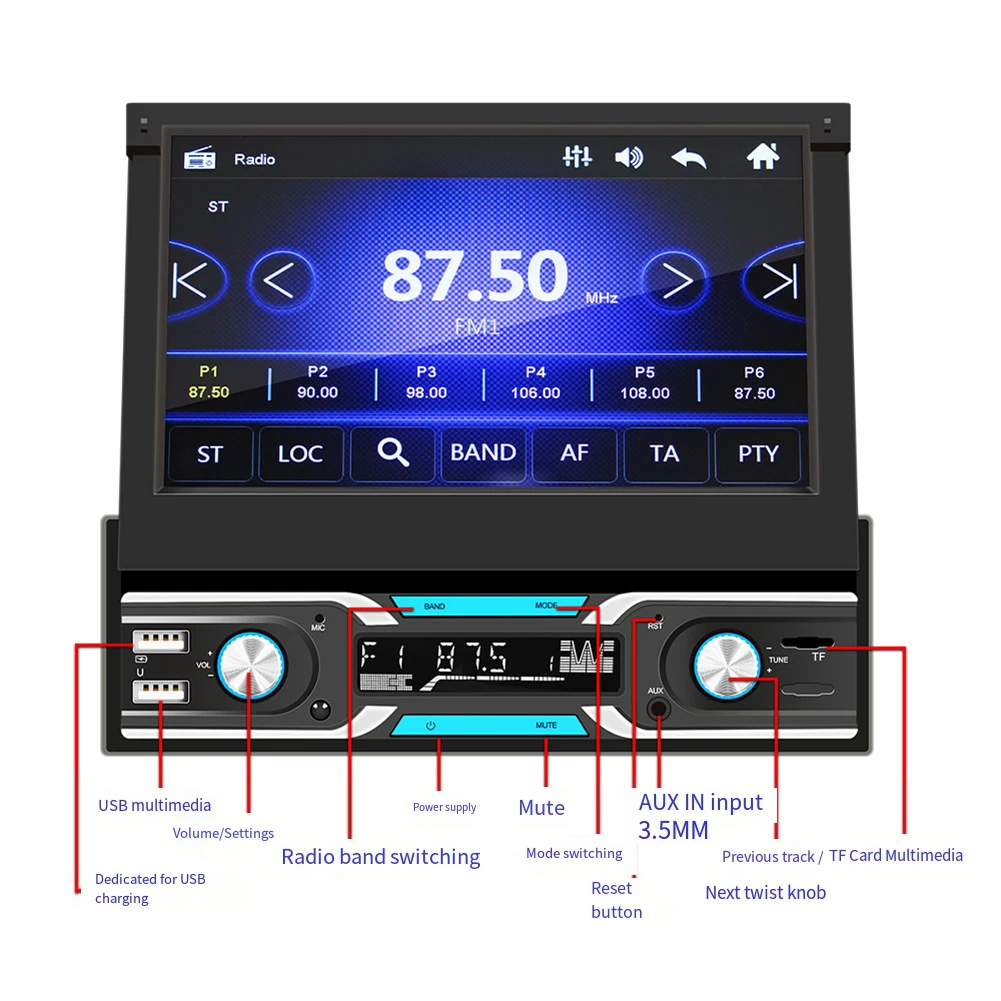 7 Inch Car MP5 AM/FM Radio Retractable Touch Screen MP5 Player B-luetooth Wireless C-arplay A-ndroid Auto Electric Accessary