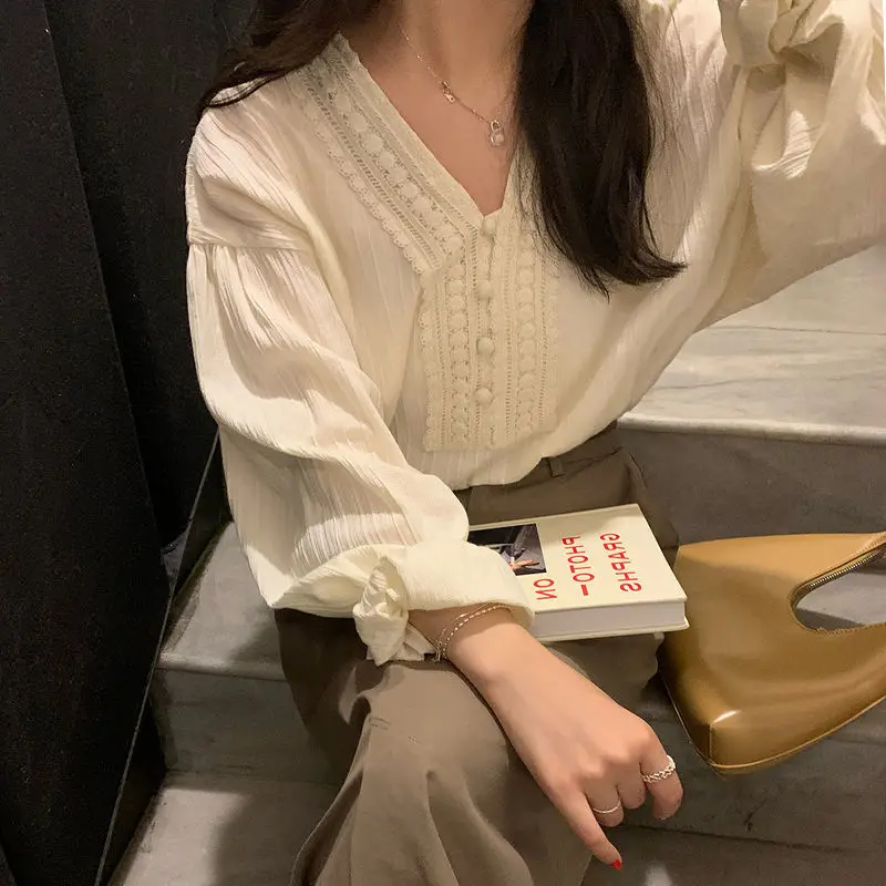 White Cotton Long Sleeve V Neck Women Blouse
