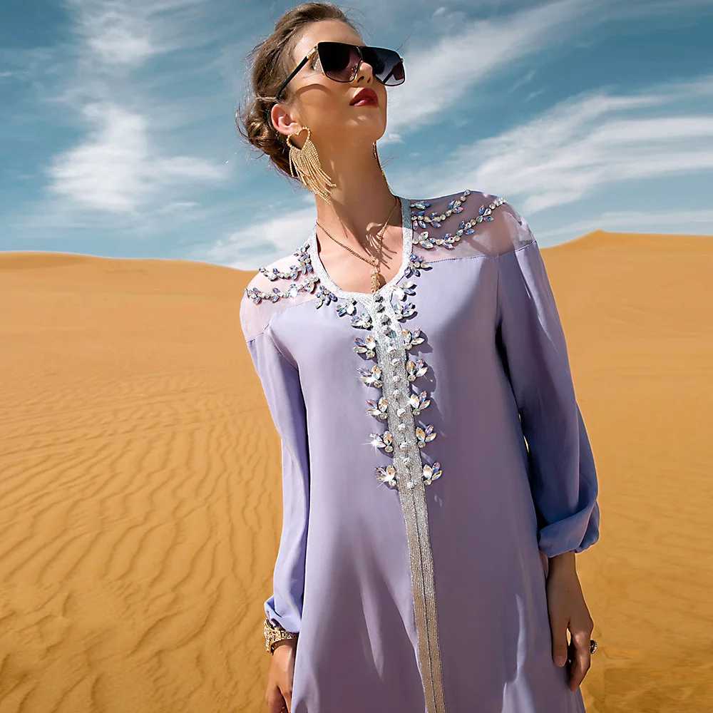 

Elegant Purple Fairy Rhinestone Dress Dubai Travel Party Design Sense Temperament Long Dress Belt