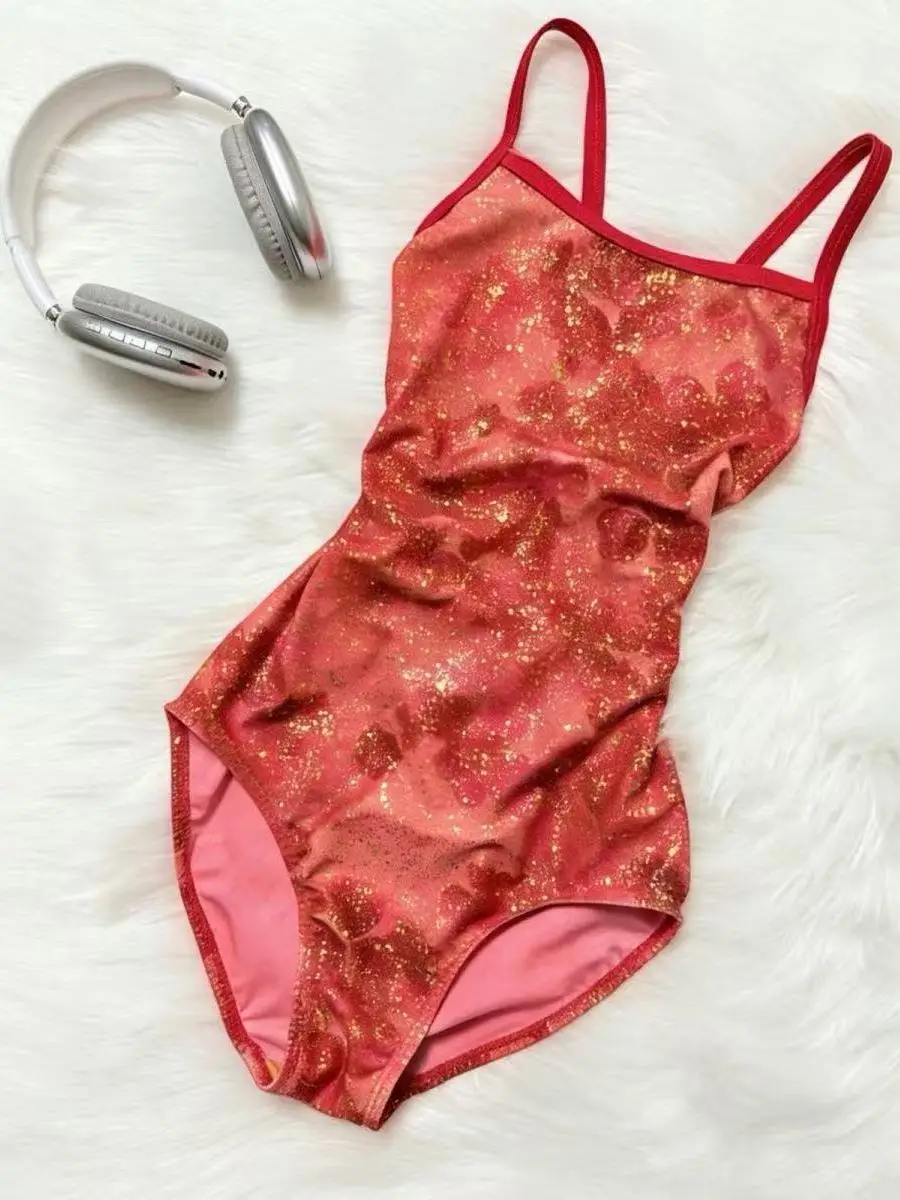 Women's Competitive Swimming Suit Red One-Piece Design Low Slit Sport Training Swimsuit Slimming round Neck No Sleeve