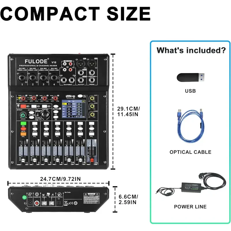 풀루오드 4/8채널 믹싱 콘솔 오디오 믹서 블루투스 USB 재생 광입력 2 AUX 출력 DJ 라이브 공연 파티용