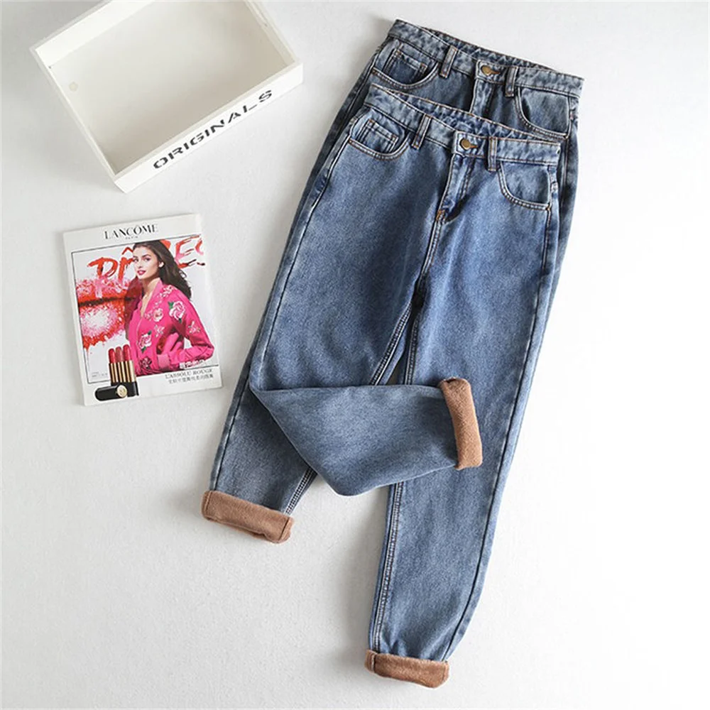 2022 Winter Cashmere Super Warm Jeans Women Mid Waist Snow Wear Thick Plus Velvet Denim Pants Casual Blue Skinny Pencil Vaqueros