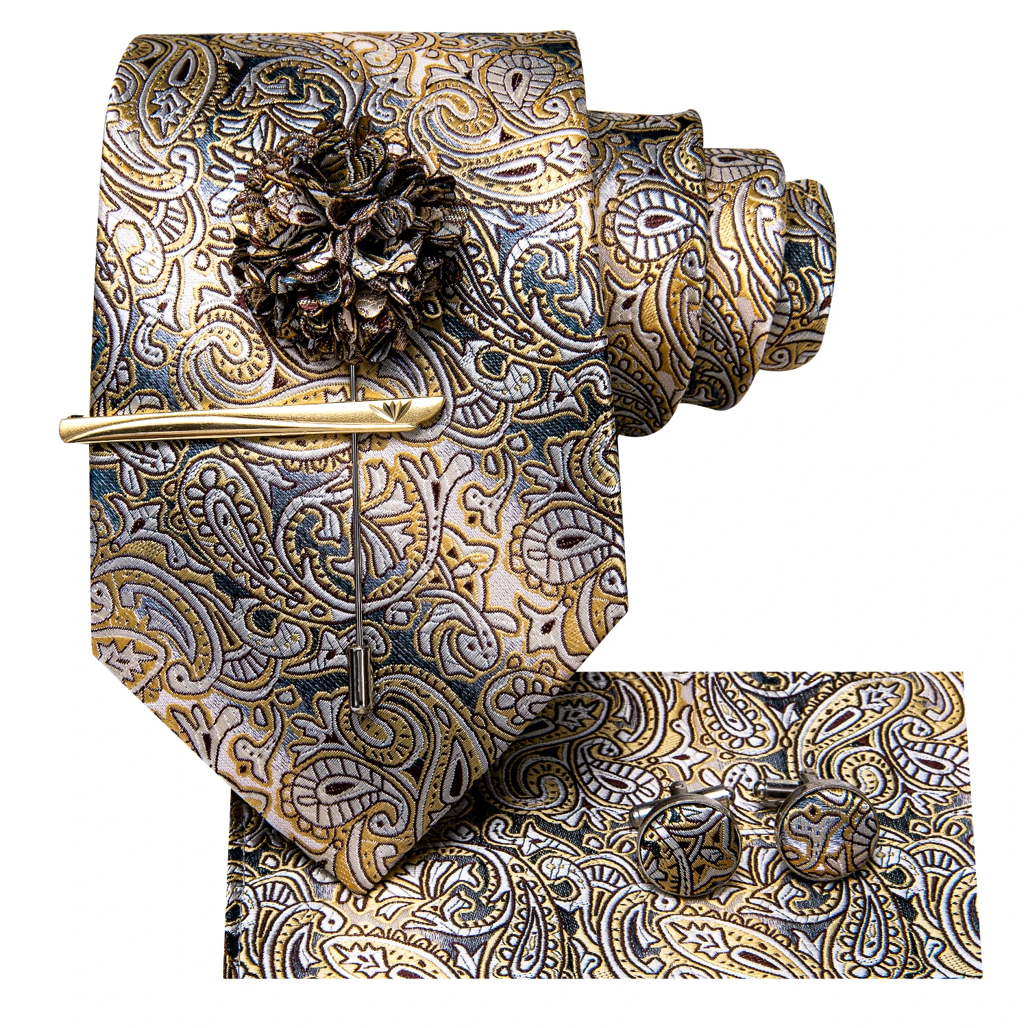 Hi-Tie Gelb-Braune Paisley-Krawatte für Herren, Krawattenklammer, Geschenk für Männer, luxuriöse Krawatte, Einstecktuch, Manschettenknöpfe, Set für formelle Anlässe, Hochzeit – Detail 3