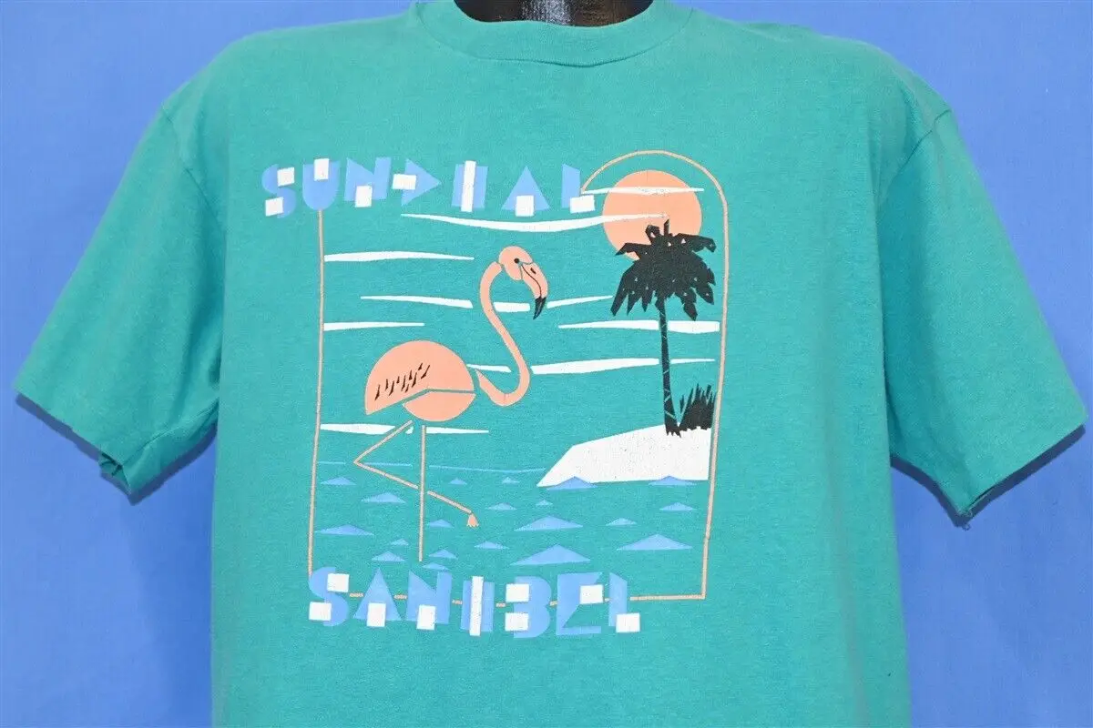 Vtg 90S Sanibel Island Fl Sundial Resort Teal Blue Flamingo Palm Tree T Shirt Xl Maniche Lunghe O Corte