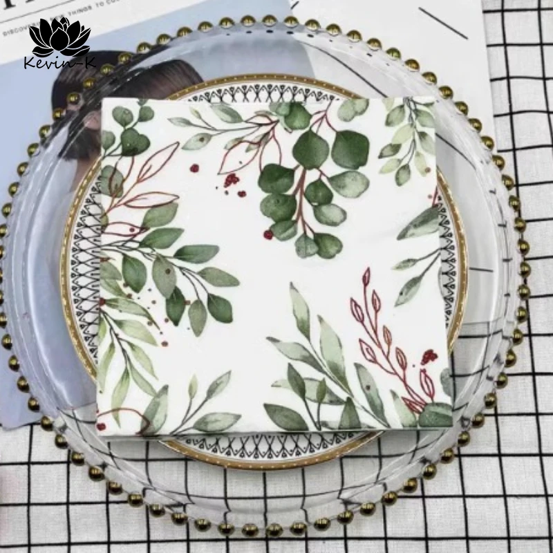 10/20pcs/Pac Printed Napkin Green Leaf Folded Paper Placemat Wedding Party Wine Glass Flower Paper DIY Butterfly Bone Bart