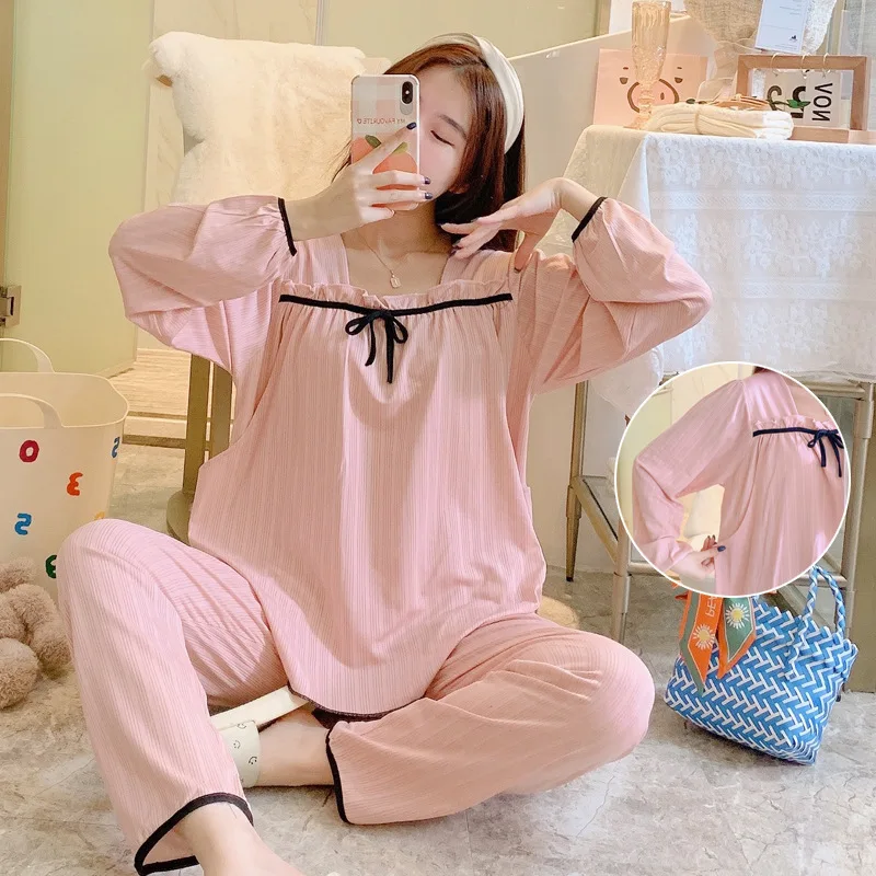 2-Piece Cotton Maternity Nursing Pajama Set for Spring Summer