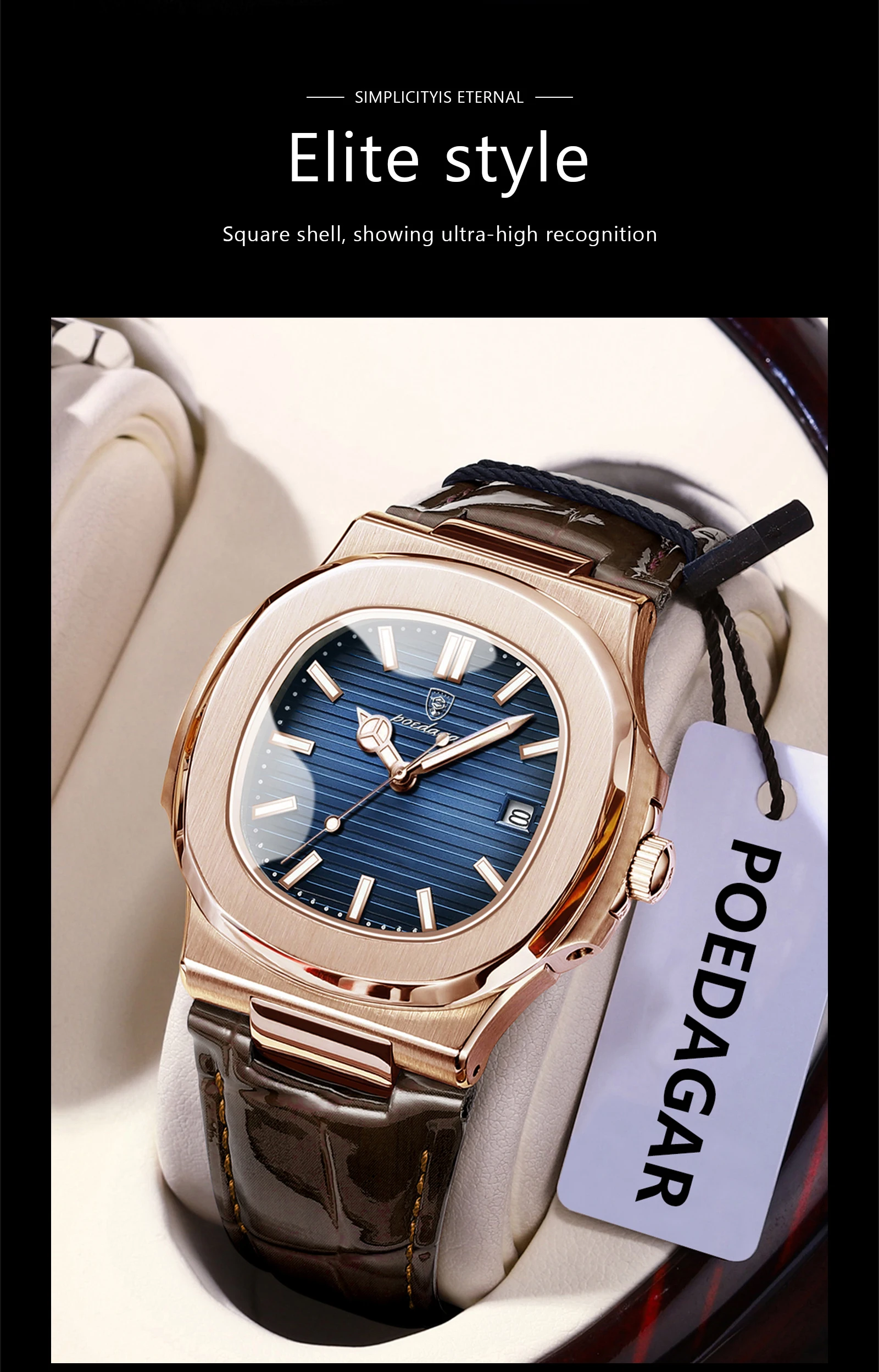 POEDAGAR Business Man Watch Date Waterproof Luminous Leather Classic Watches For Men High Quality Square Quartz Men's Wristwatch