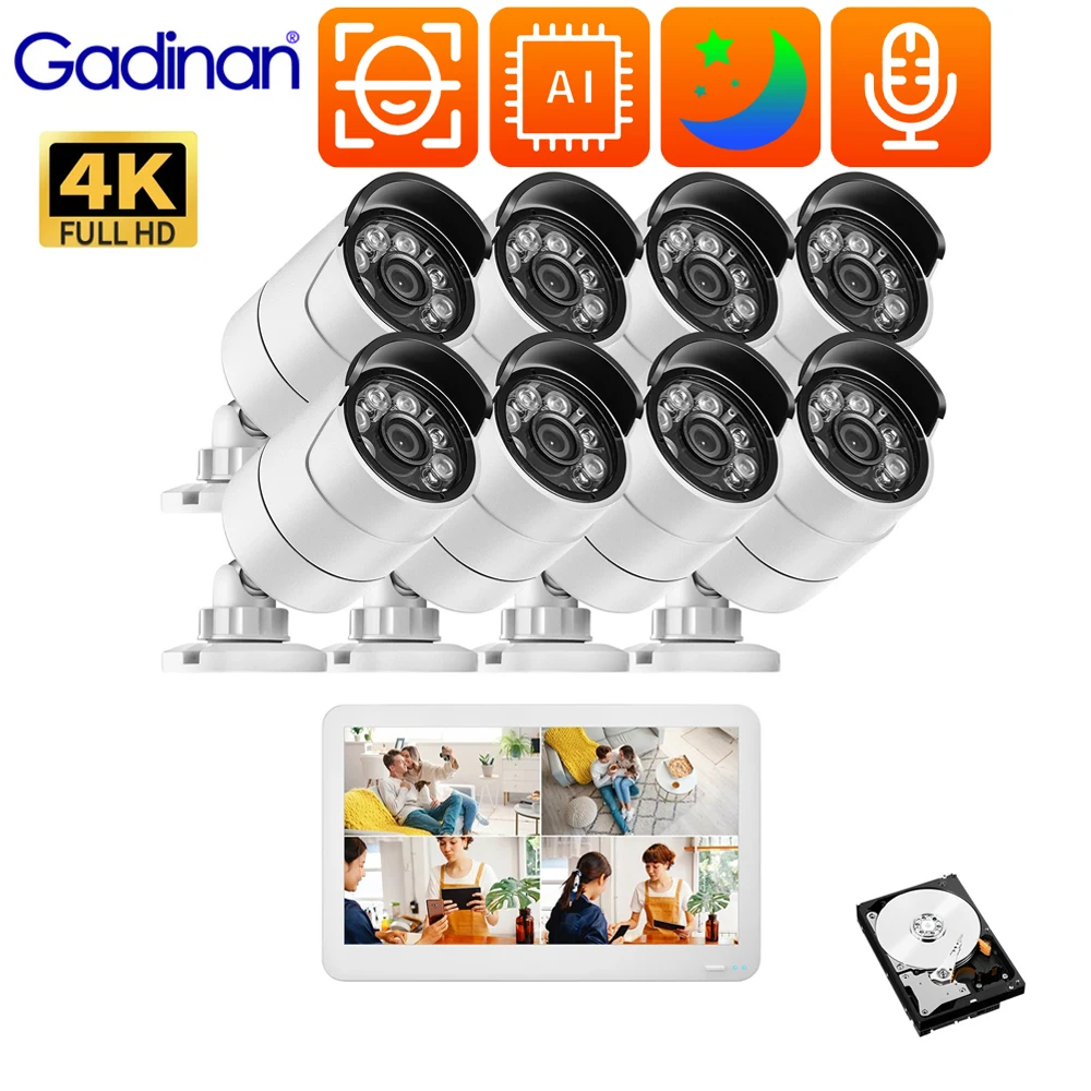 

Комплект наружного видеорегистратора Gadinan 4K POE, ЖК-экран 12 дюймов, 8-канальный сетевой видеорегистратор, функция распознавания лица, IP-камера 8 МП