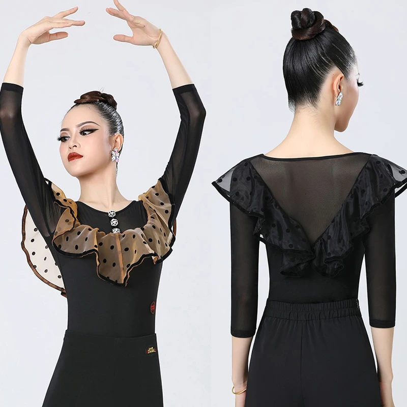 

Women Waltz Ballroom Dance Competition Top Ruffled Sleeved Latin Dance Tops Adults Latin Salsa Rumba Training Top SL8956