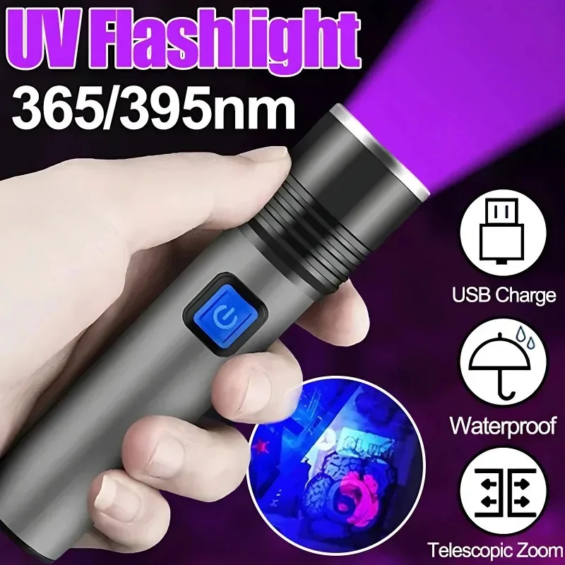 UV flashlight Portable UV 395nm Flashlight Rechargeable Zoomable Blacklight Ultraviolet USB Torches Pet Urine Stay Detector Lamps
