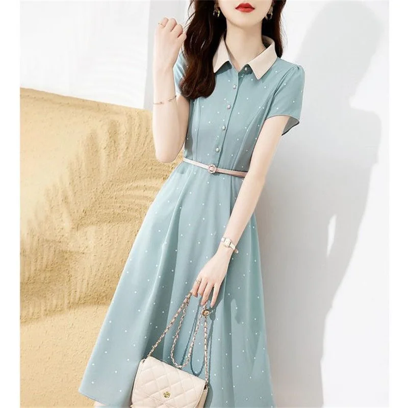 

New Short Sleeve Chiffon Dress for Women Summer Simple Polka Dot Slim Fit A-line Dresses Midi Vestidos De Verano Mujer 2023