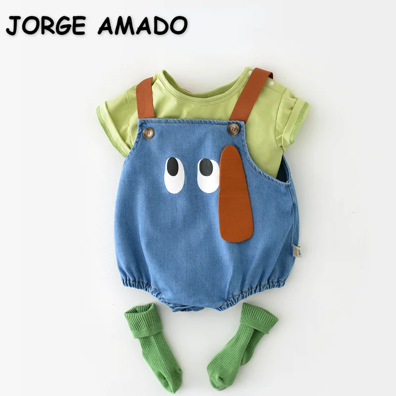 

Korean Style Summer Baby Girl Boy Set Green Short Sleeve T-shirt+Cartoon Dog Denim Strap Bodysuit Newborn Fashion Clothes E32775