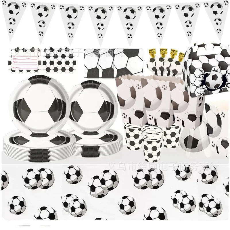Fußball Geburtstagsdekoration Einweg-Tischgeschirr-Set Teller Becher Servietten Ballon Hintergrund Babyparty Partyzubehör