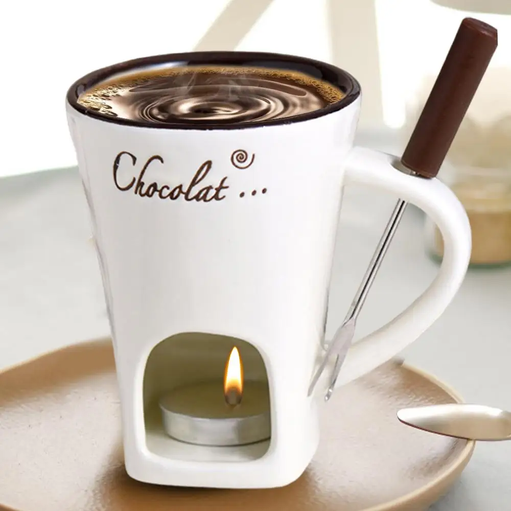 Description Picture 6 of itemHot Pot Ceramic Melting Cup Chocolate Melting Ceramic Mug Tea Candle Fondue Set Ceramic Mug with Fork Creative Tableware
