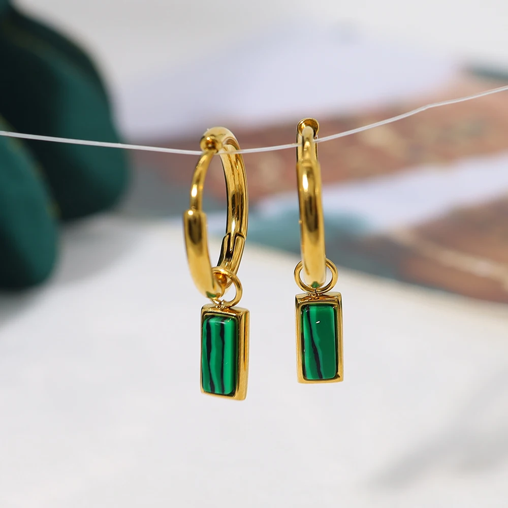 

WILD & FREE Vintage Natural Stone Stainless Steel Hoop Earrings for Women Luxury Green Malachite 18K Gold Plated Jewelry