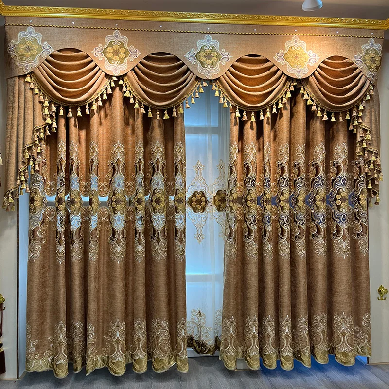

European Embroidered Luxury Curtains for Living Room Bedroom Blackout Dining Tulle Openwork Chenille Valance Elegant Coffee