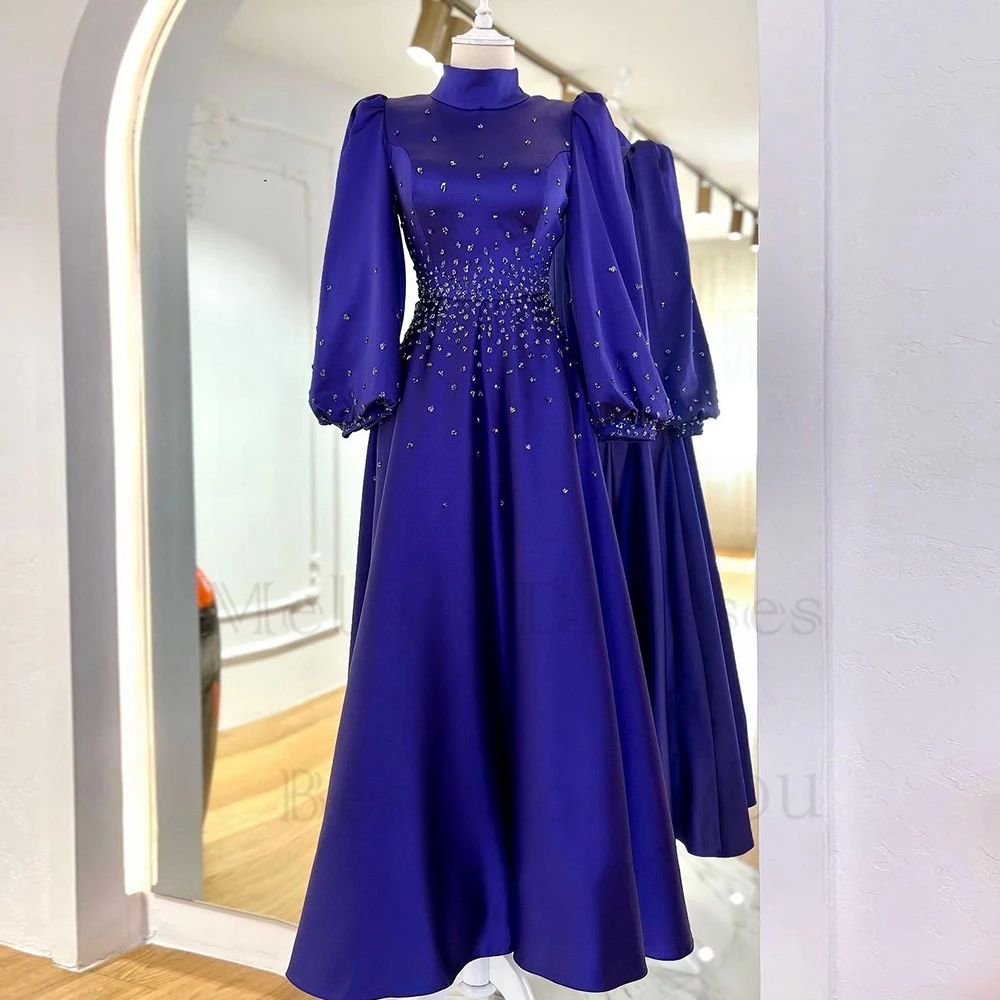 High Neck Royal Blue Evening Dresses for Women 2023 Crystal Full Sleeve 2023 Summer Satin Prom Gowns Ankle Length Vestido De