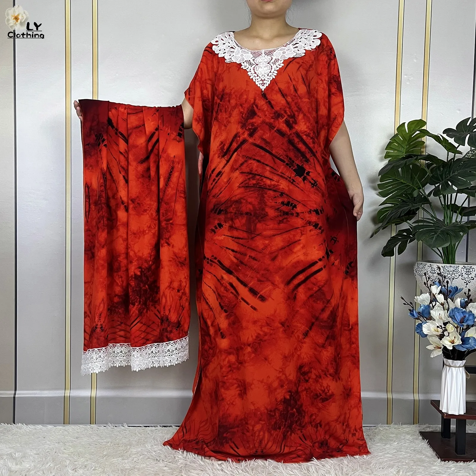 2023 Hot Selling New Abaya Short Sleeve Dress With Big Scarf African Muslim Kaftan Printed Cotton Loose Women Maxi Clothing