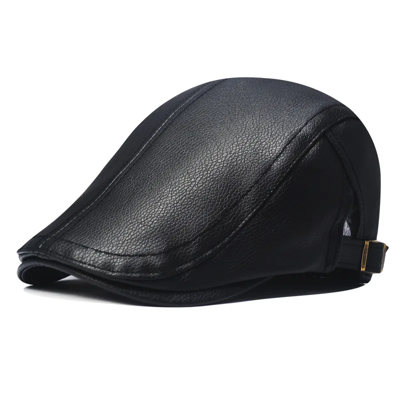 Leather Cap  Men's Imitation Sheepskin Beret  Leather Hat The Elderly Forward Hat  Artificial Leather Hat Literary and Retro 5