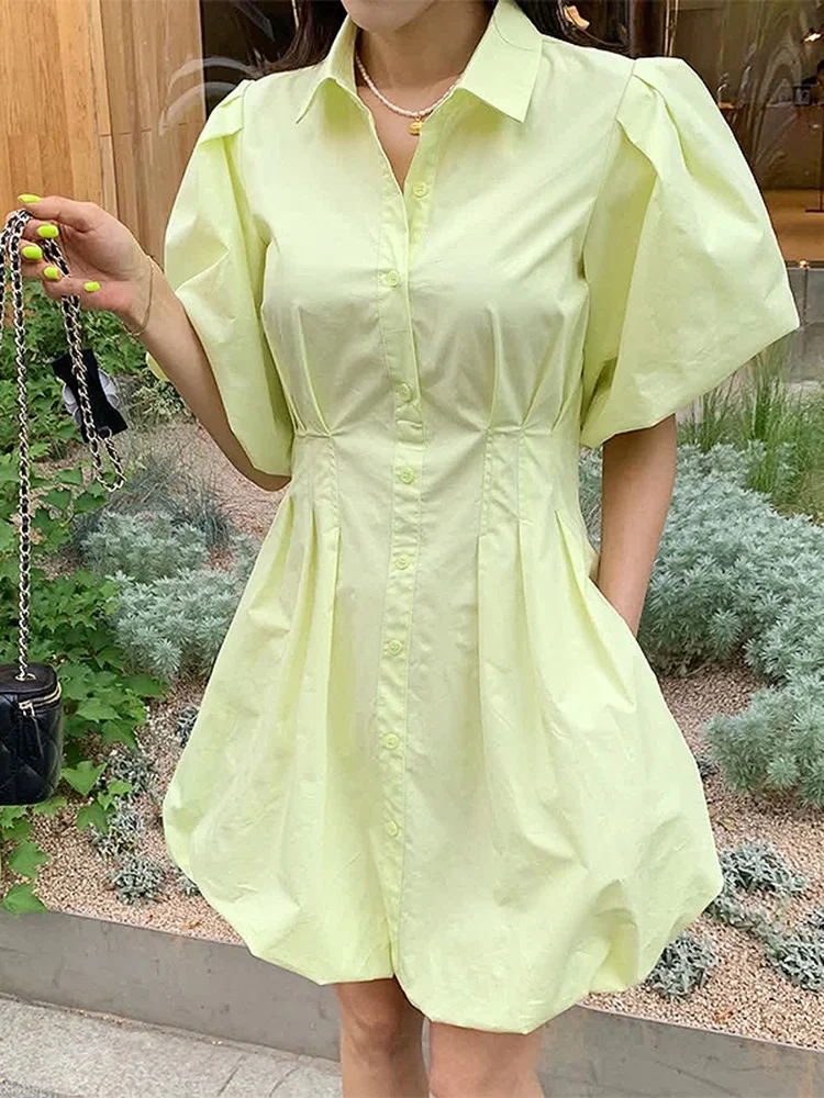 

Korean Chic Puff Sleeve Single Breasted Mini Dress For Women Casual yellow Short Shirt Dresses Female 2023 Summer X270