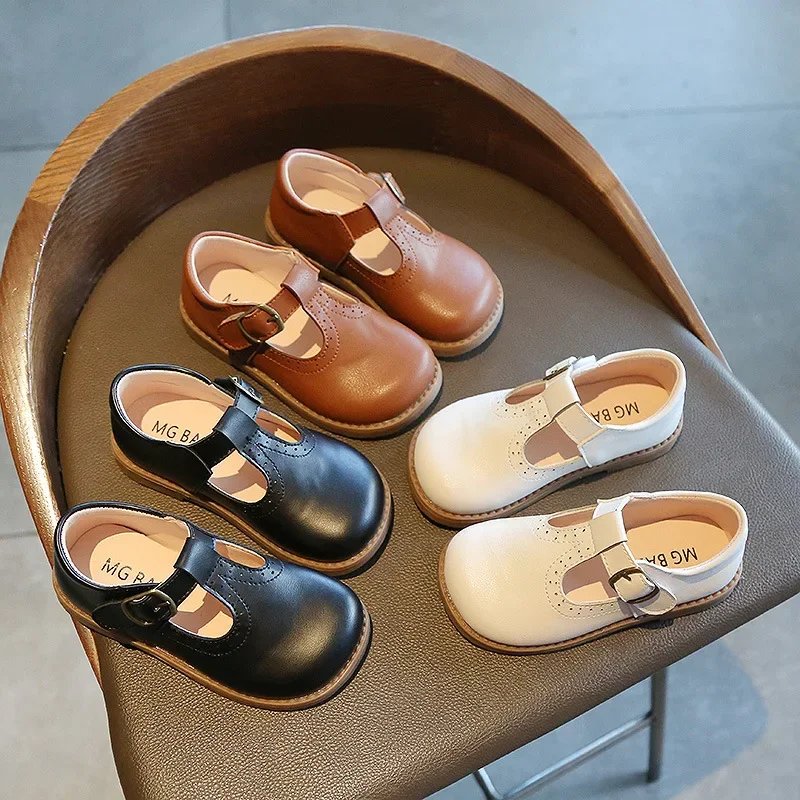 Kids Leather Shoes T Strap Breathable Flats for Girls Boys