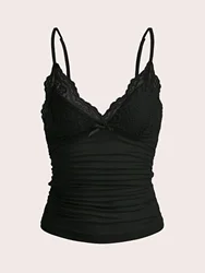 Sexy Contrast Lace Bow Front Crop Cami Top - Summer Grunge Punk Y2K Style Ruched Backless Tee - M (Black)